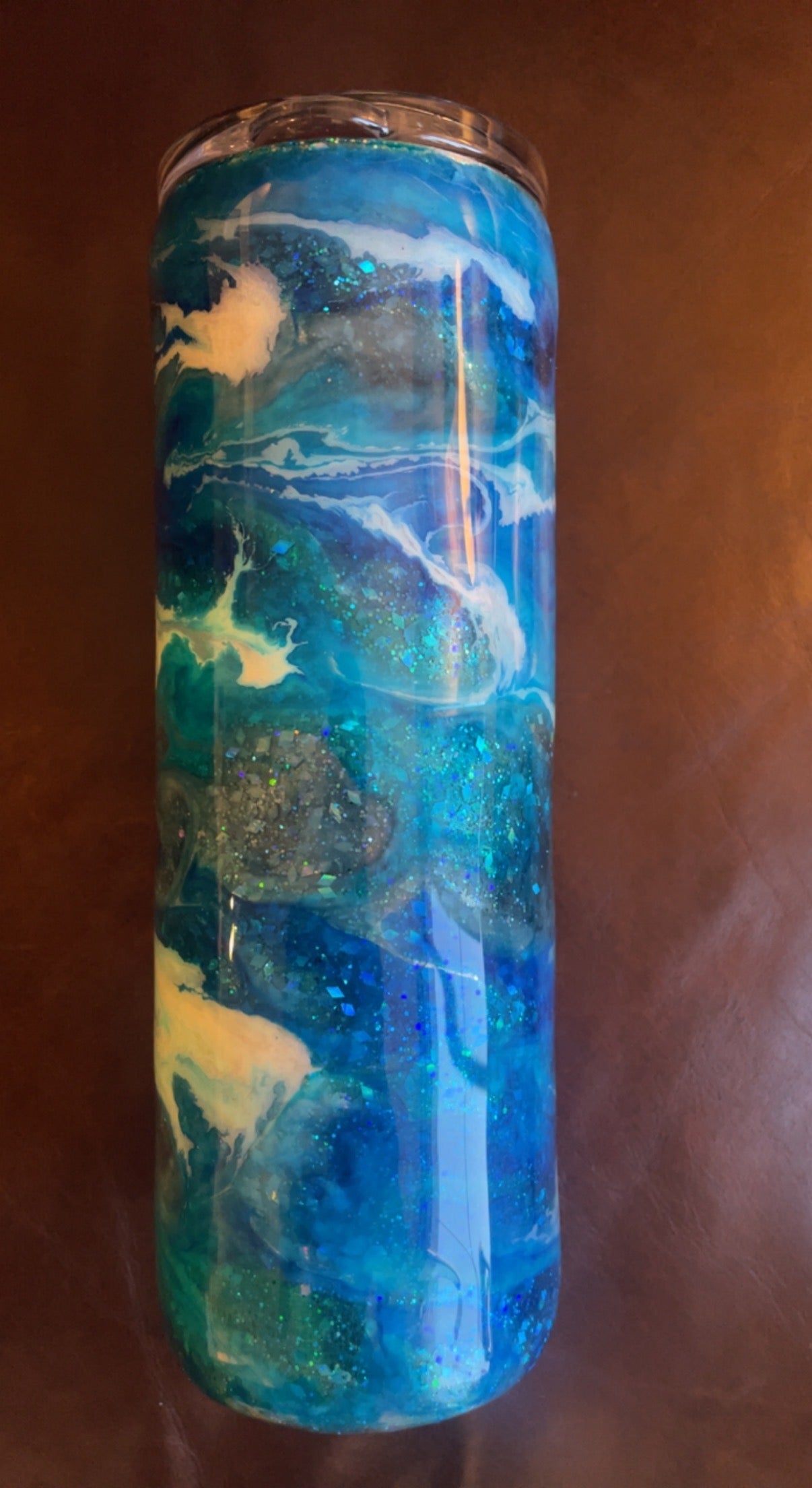 20 ounce skinny tumbler Glitter base with Blue and White Swirl