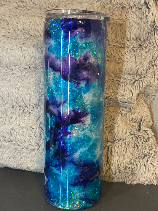 30 Ounce skinny tumbler with straw Blue and Purple with Glitter Base