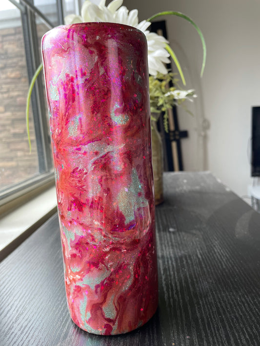 20 oz skinny ready to ship tumbler teal glitter and pink